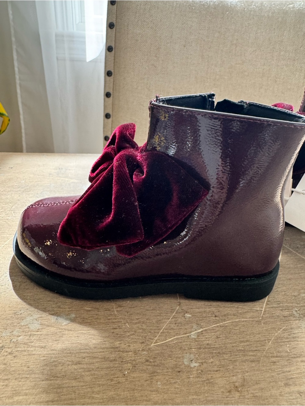 ZARA Girls Burgundy Patent Bow Ankle Boots
